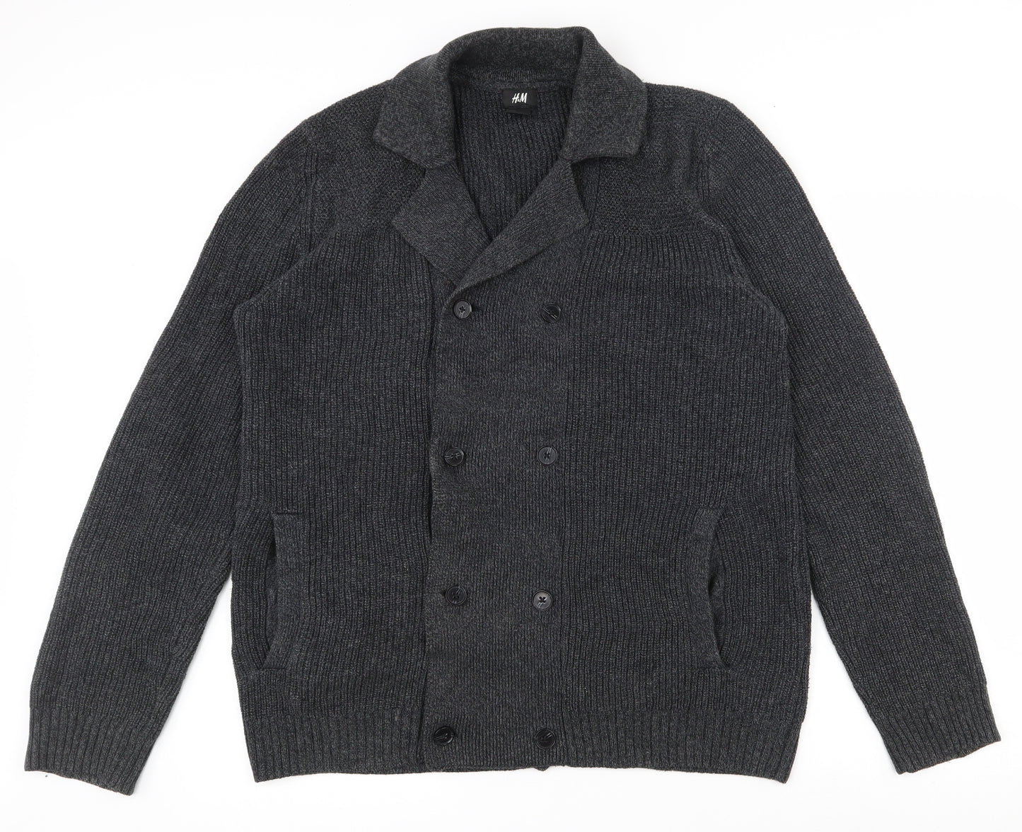 H&M Mens Grey Collared  Cotton Cardigan Jumper Size L