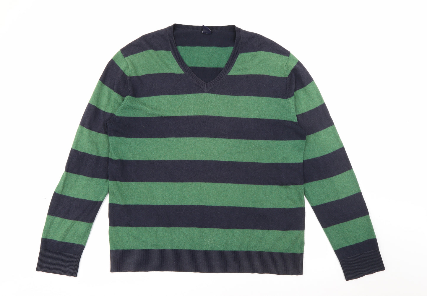 Gap Mens Green V-Neck Striped Cotton Pullover Jumper Size L