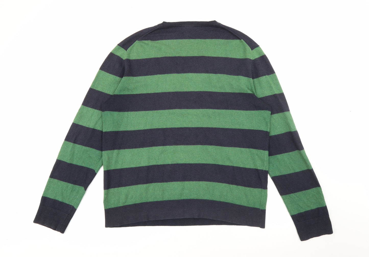 Gap Mens Green V-Neck Striped Cotton Pullover Jumper Size L