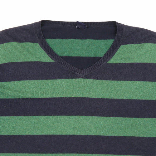 Gap Mens Green V-Neck Striped Cotton Pullover Jumper Size L