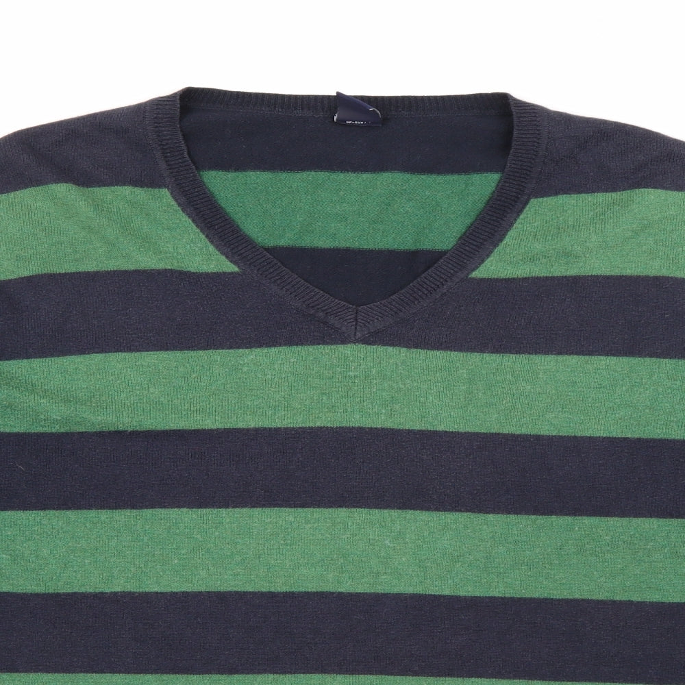 Gap Mens Green V-Neck Striped Cotton Pullover Jumper Size L