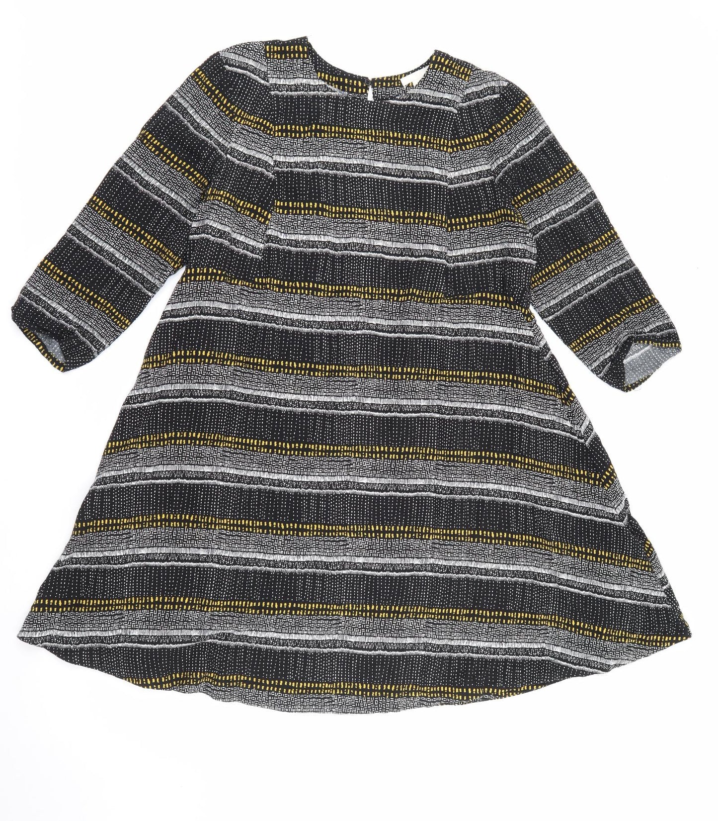 H&M Womens Black Geometric Viscose Fit & Flare  Size 14  Round Neck Button