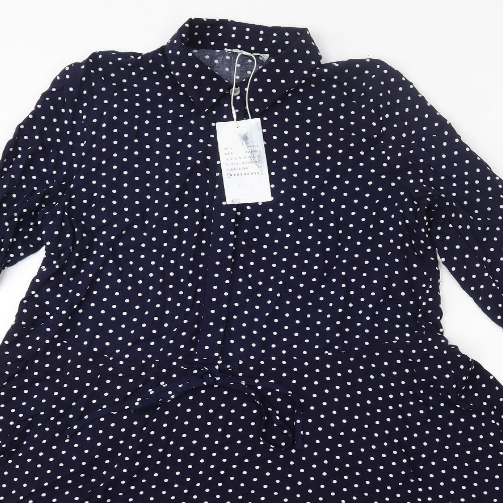 Warehouse Womens Blue Polka Dot Viscose Shirt Dress  Size 8  Collared Button