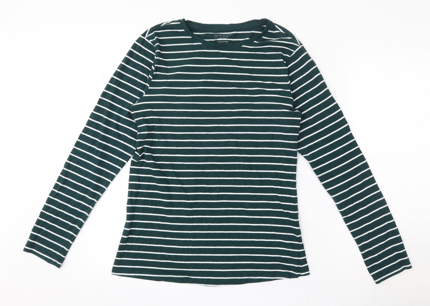 Primark Womens Green Striped Cotton Basic T-Shirt Size 12 Round Neck - Size 12-14