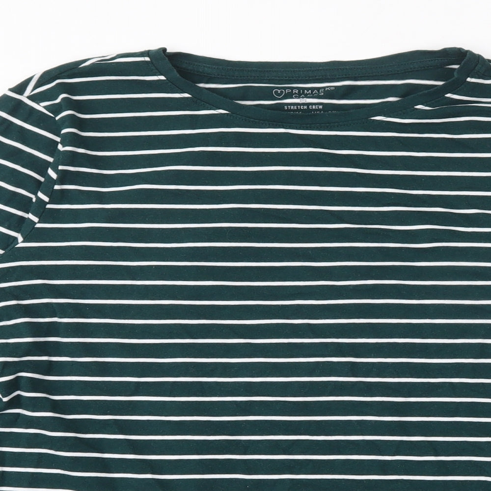 Primark Womens Green Striped Cotton Basic T-Shirt Size 12 Round Neck - Size 12-14