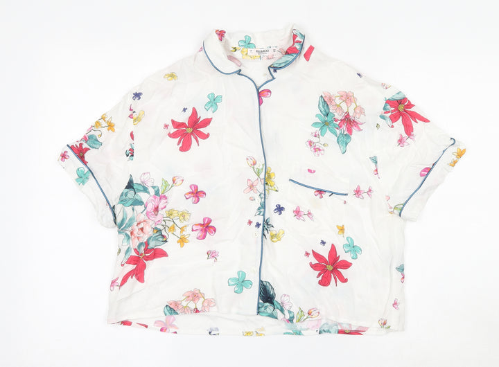 Pull&Bear Womens Multicoloured Floral Viscose Cropped Blouse Size L Collared