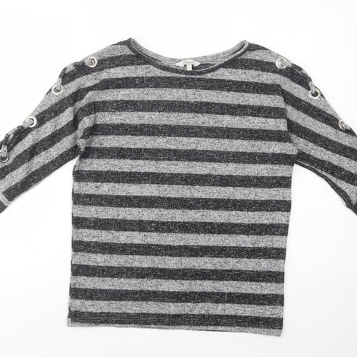 Peacocks Womens Grey Striped Polyester Basic Blouse Size 8 Crew Neck