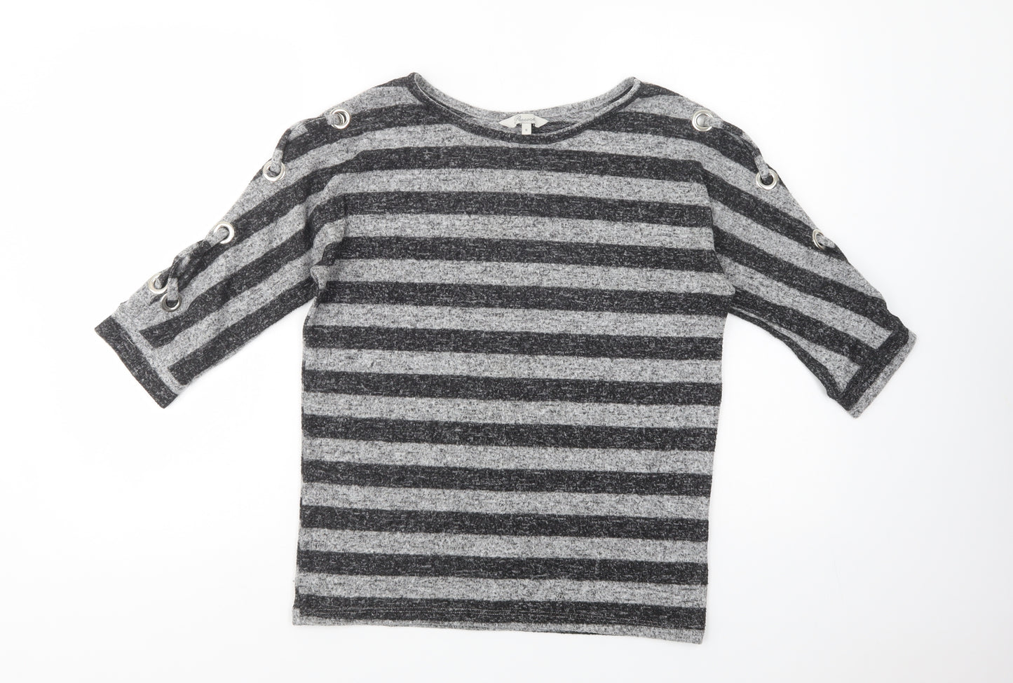 Peacocks Womens Grey Striped Polyester Basic Blouse Size 8 Crew Neck