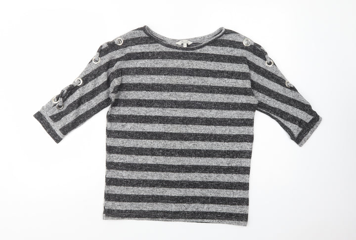 Peacocks Womens Grey Striped Polyester Basic Blouse Size 8 Crew Neck