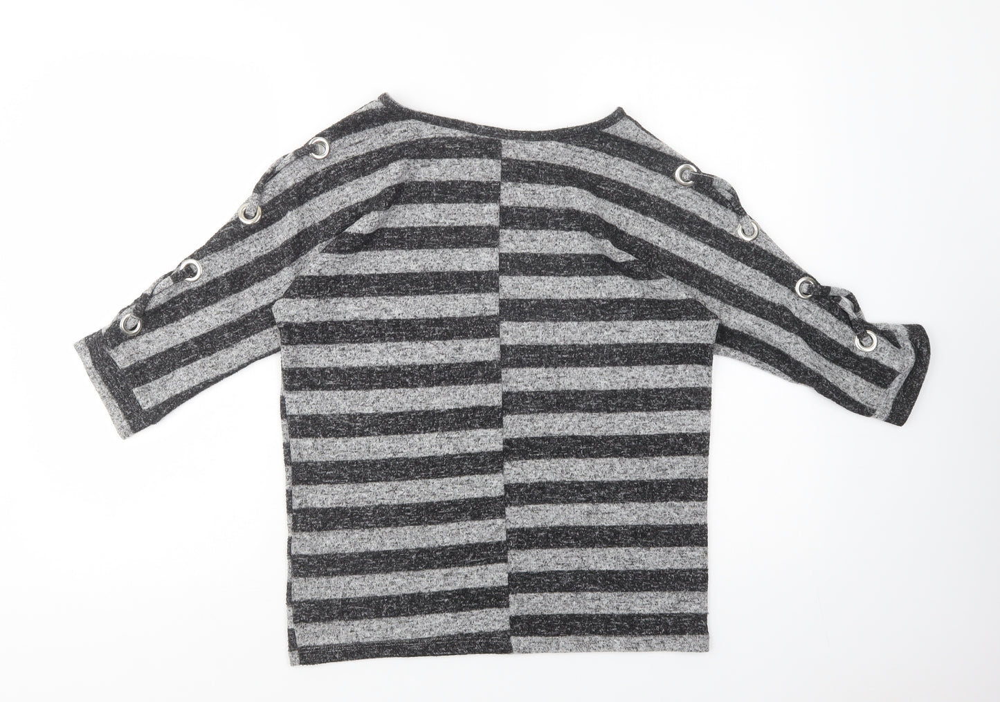 Peacocks Womens Grey Striped Polyester Basic Blouse Size 8 Crew Neck