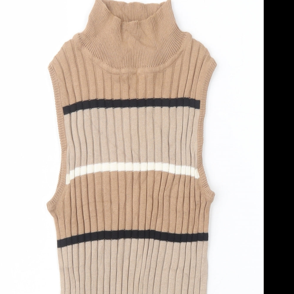 Select Womens Beige High Neck Striped Cotton Pullover Jumper Size 6