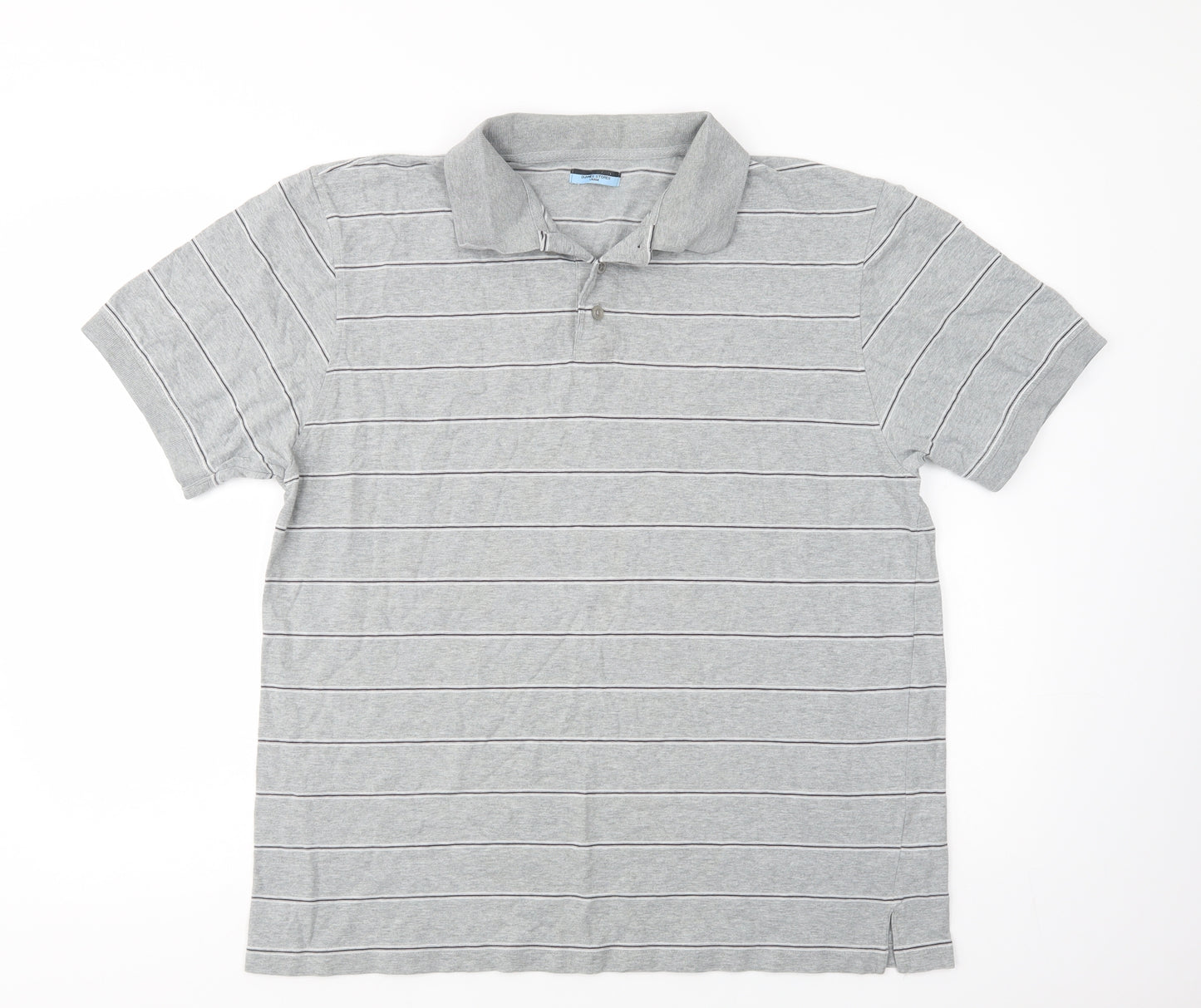 Dunnes Stores Mens Grey Striped Cotton  Polo Size L Collared Button