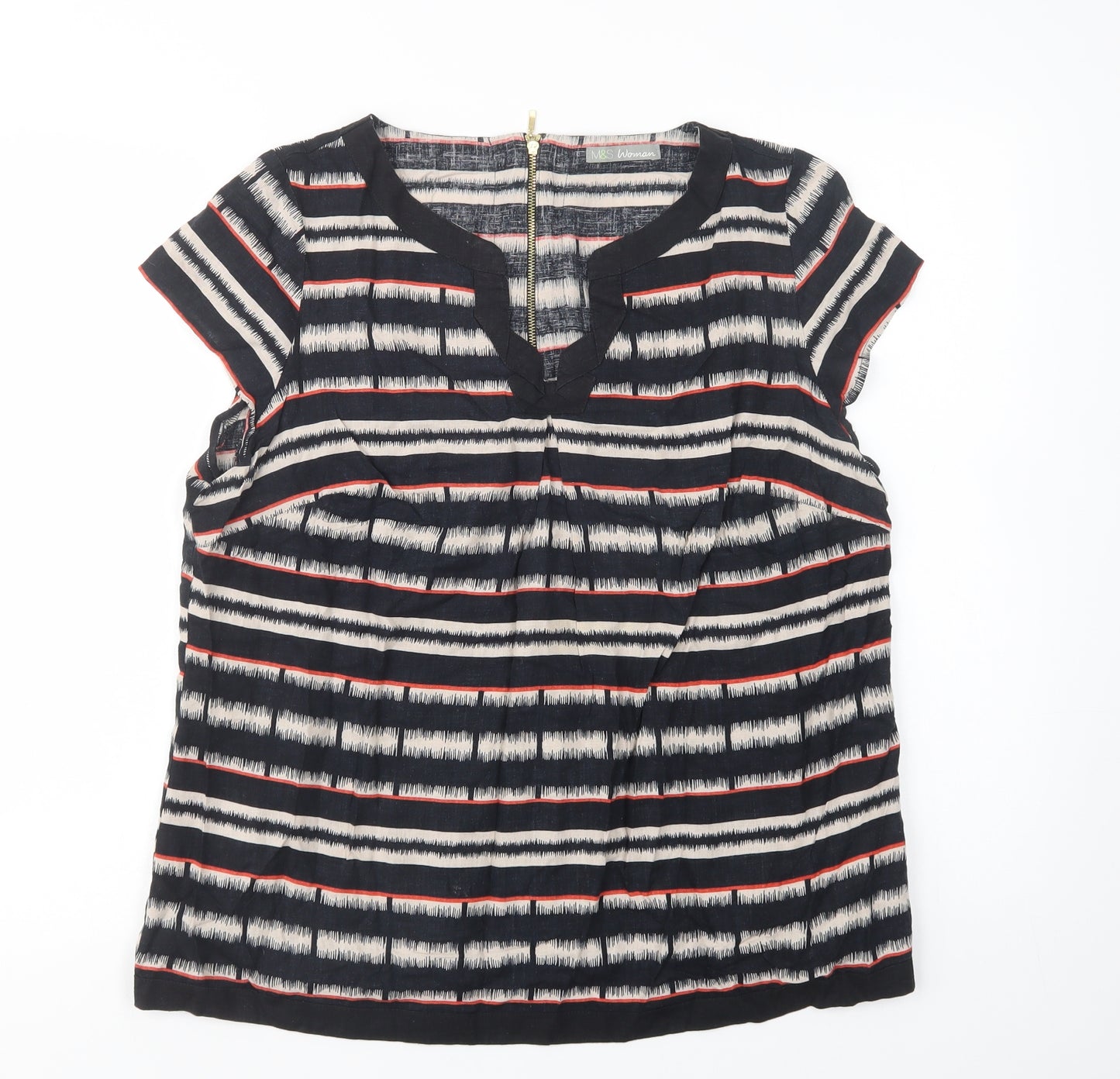Marks and Spencer Womens Black Striped Linen Basic Blouse Size 16 Collared
