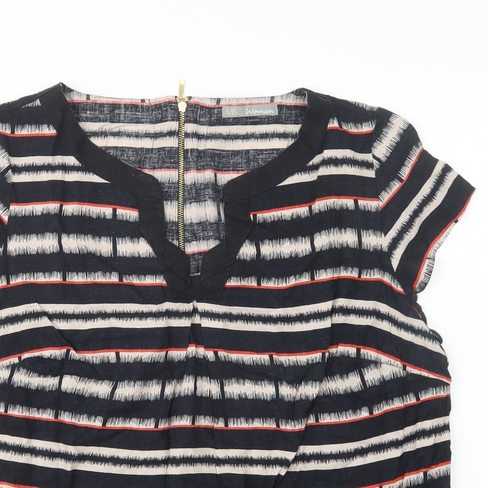 Marks and Spencer Womens Black Striped Linen Basic Blouse Size 16 Collared