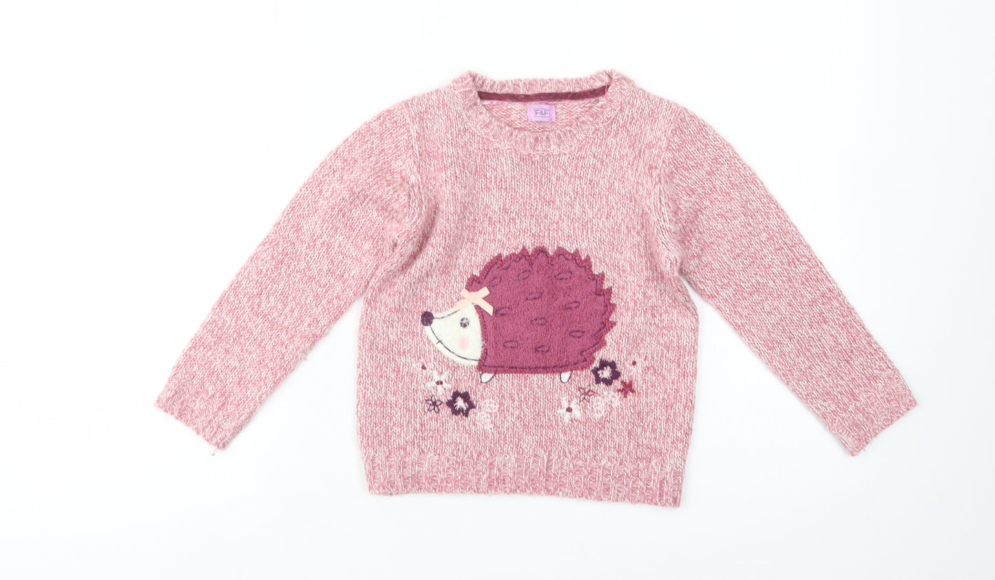F&F Girls Pink Crew Neck  Acrylic Pullover Jumper Size 4-5 Years  Pullover - Hedgehog