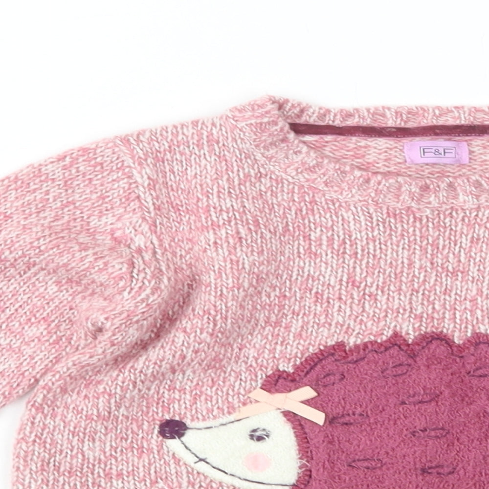 F&F Girls Pink Crew Neck  Acrylic Pullover Jumper Size 4-5 Years  Pullover - Hedgehog