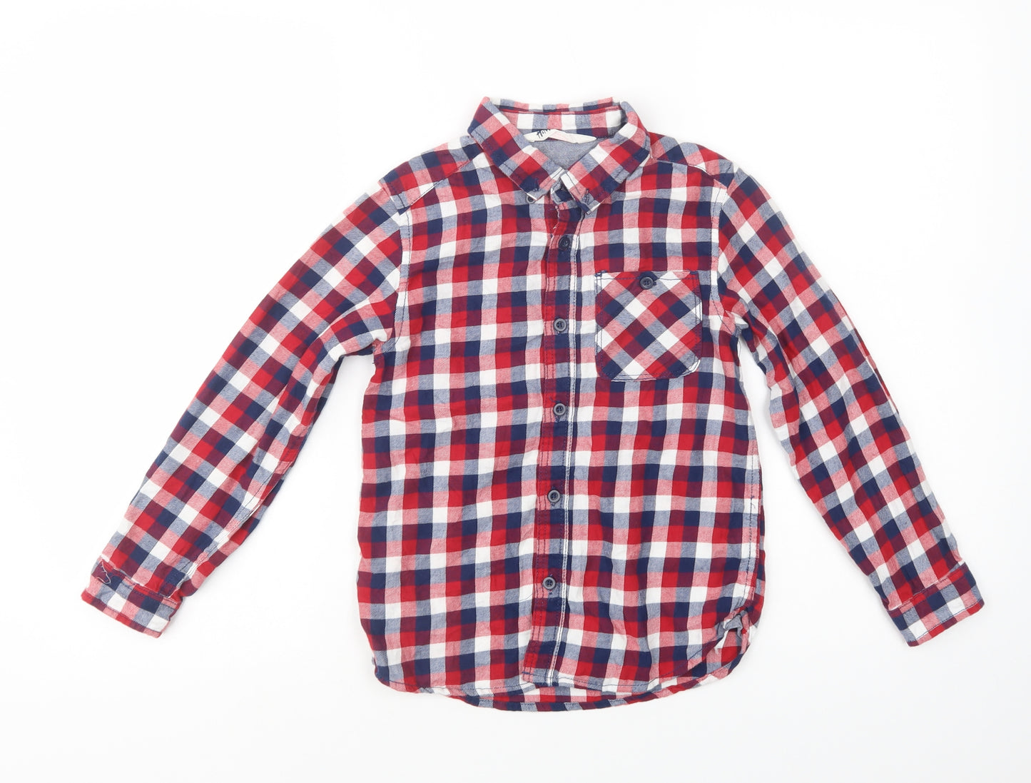 H&M Boys Red Plaid Cotton Basic Button-Up Size 7-8 Years Collared Button