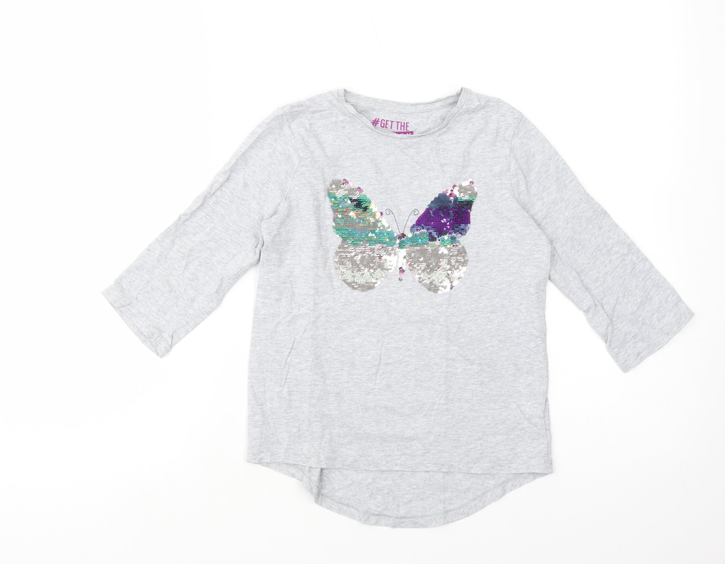 F&F Girls Grey  Cotton Basic T-Shirt Size 9-10 Years Crew Neck Pullover - Butterfly
