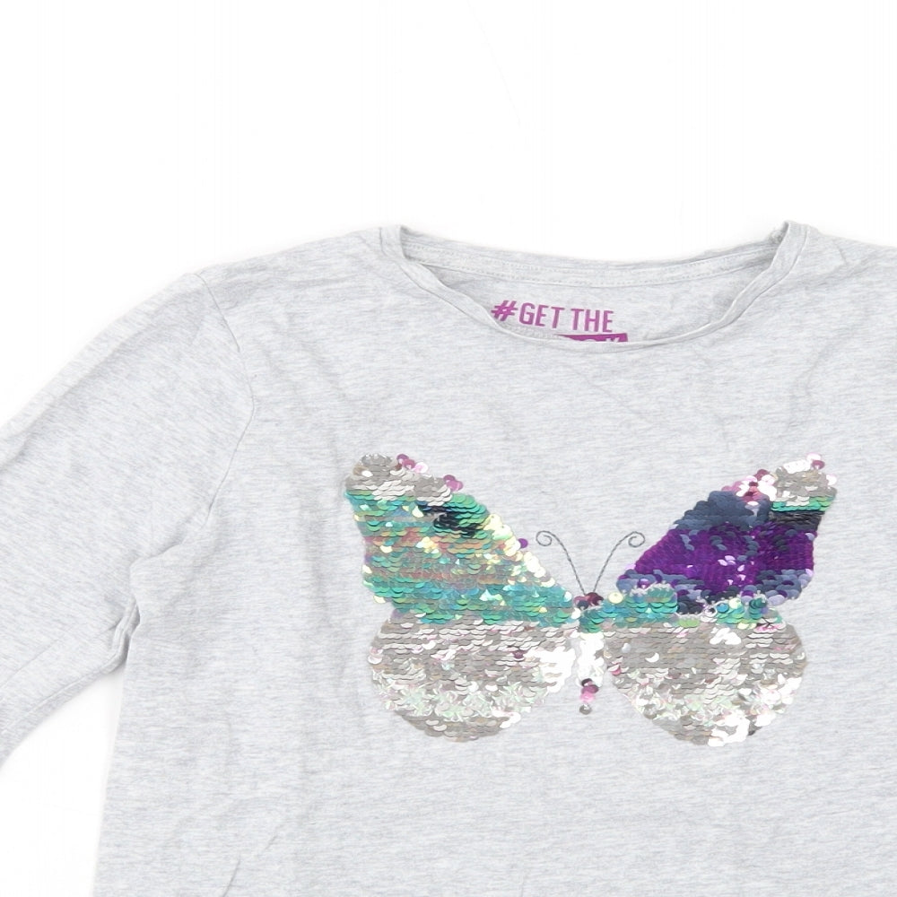 F&F Girls Grey  Cotton Basic T-Shirt Size 9-10 Years Crew Neck Pullover - Butterfly