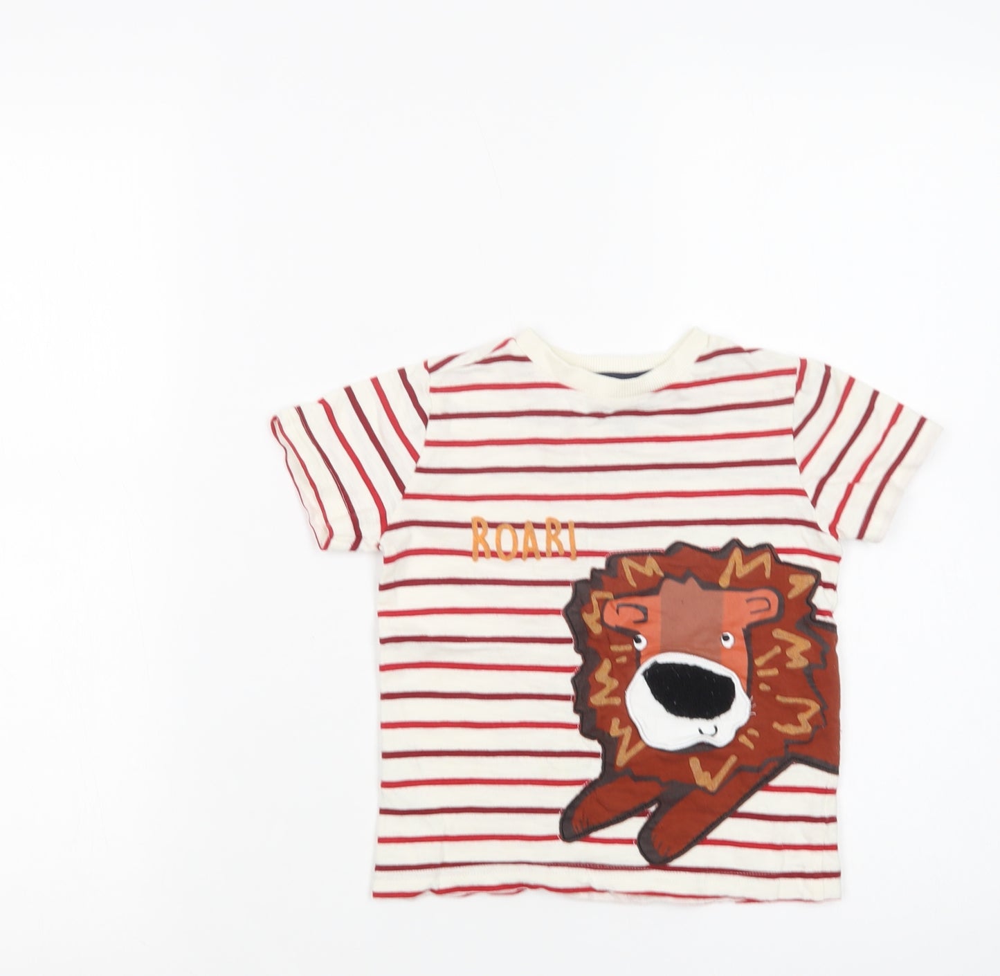 F&F Boys White Striped Cotton Basic T-Shirt Size 2-3 Years Crew Neck Pullover - Cute Lion