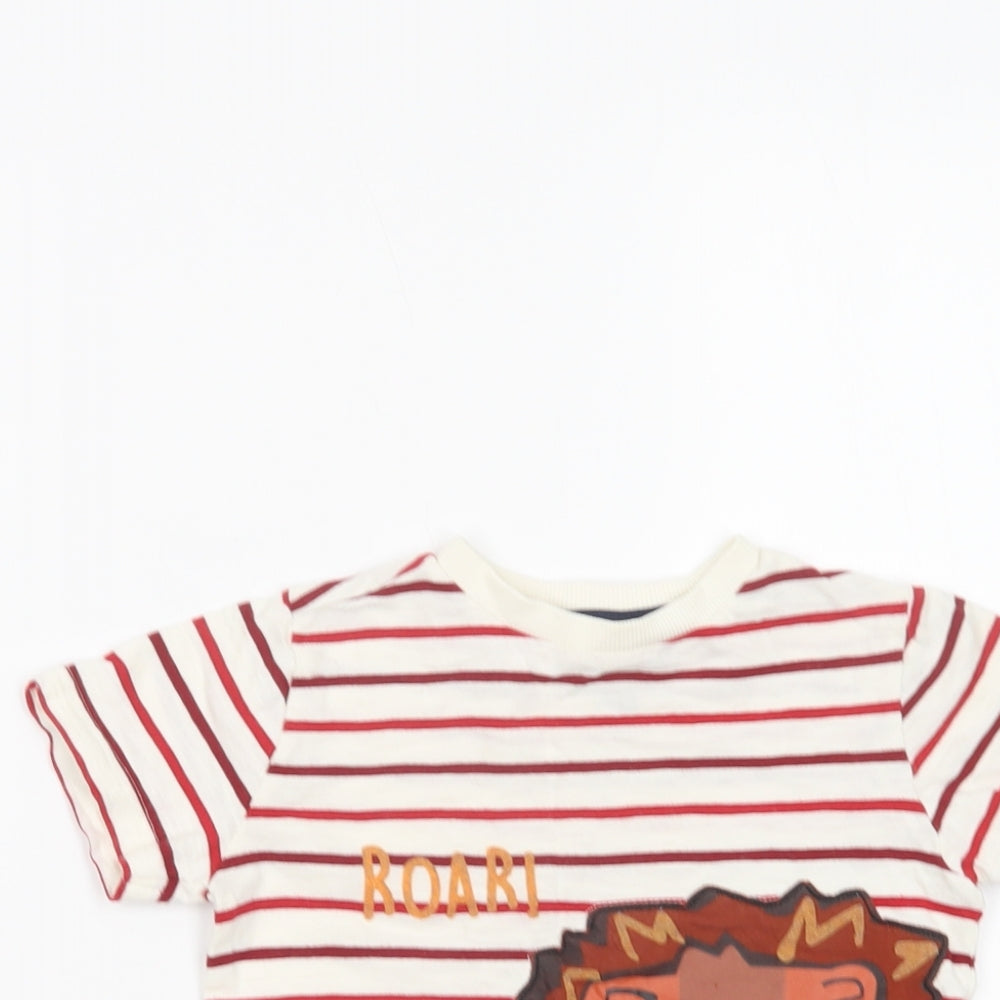 F&F Boys White Striped Cotton Basic T-Shirt Size 2-3 Years Crew Neck Pullover - Cute Lion