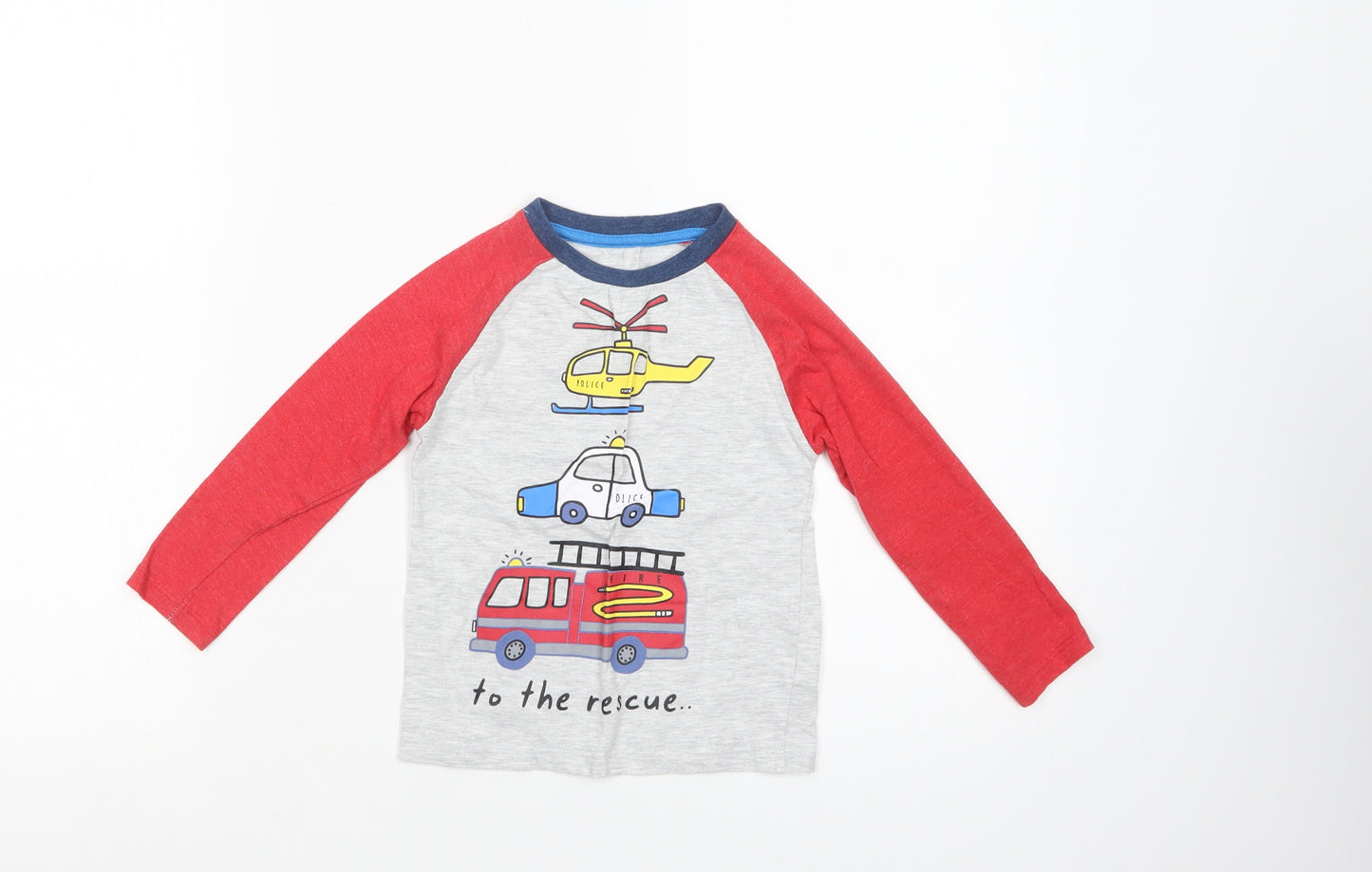 Dunnes Stores Boys Grey Colourblock Cotton Pullover T-Shirt Size 2-3 Years Crew Neck Pullover - Emergency Vehicles