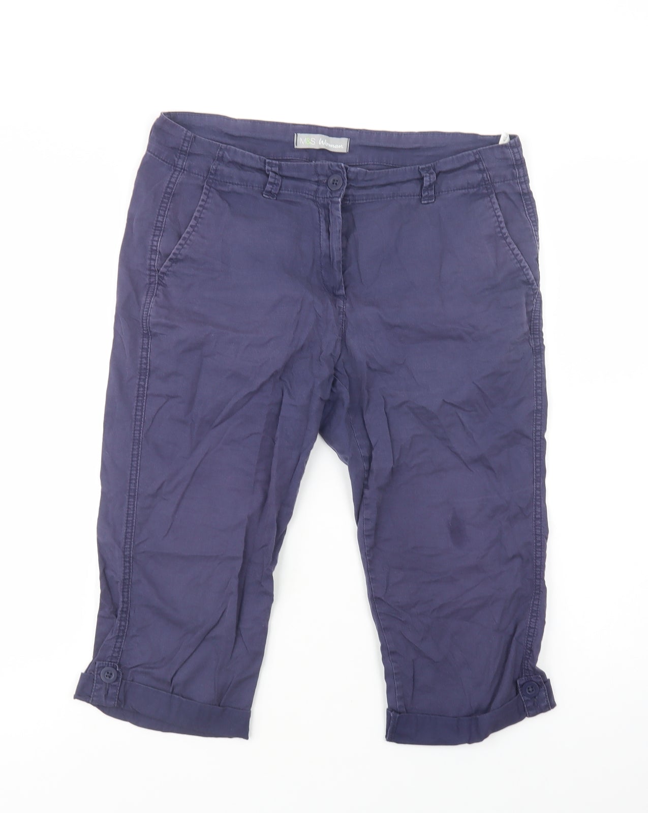 Marks and Spencer Womens Blue  Cotton Cropped Trousers Size 10 L20 in Regular Button
