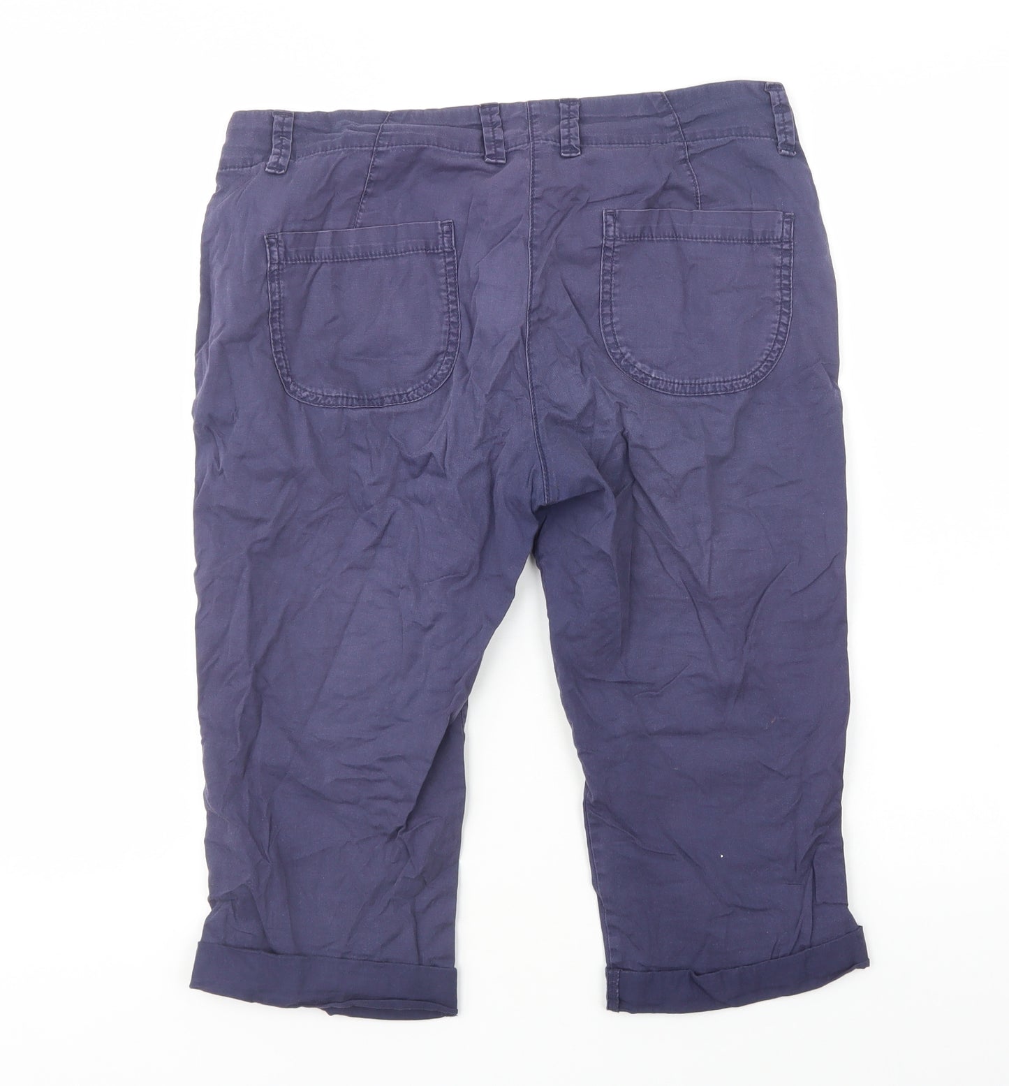 Marks and Spencer Womens Blue  Cotton Cropped Trousers Size 10 L20 in Regular Button
