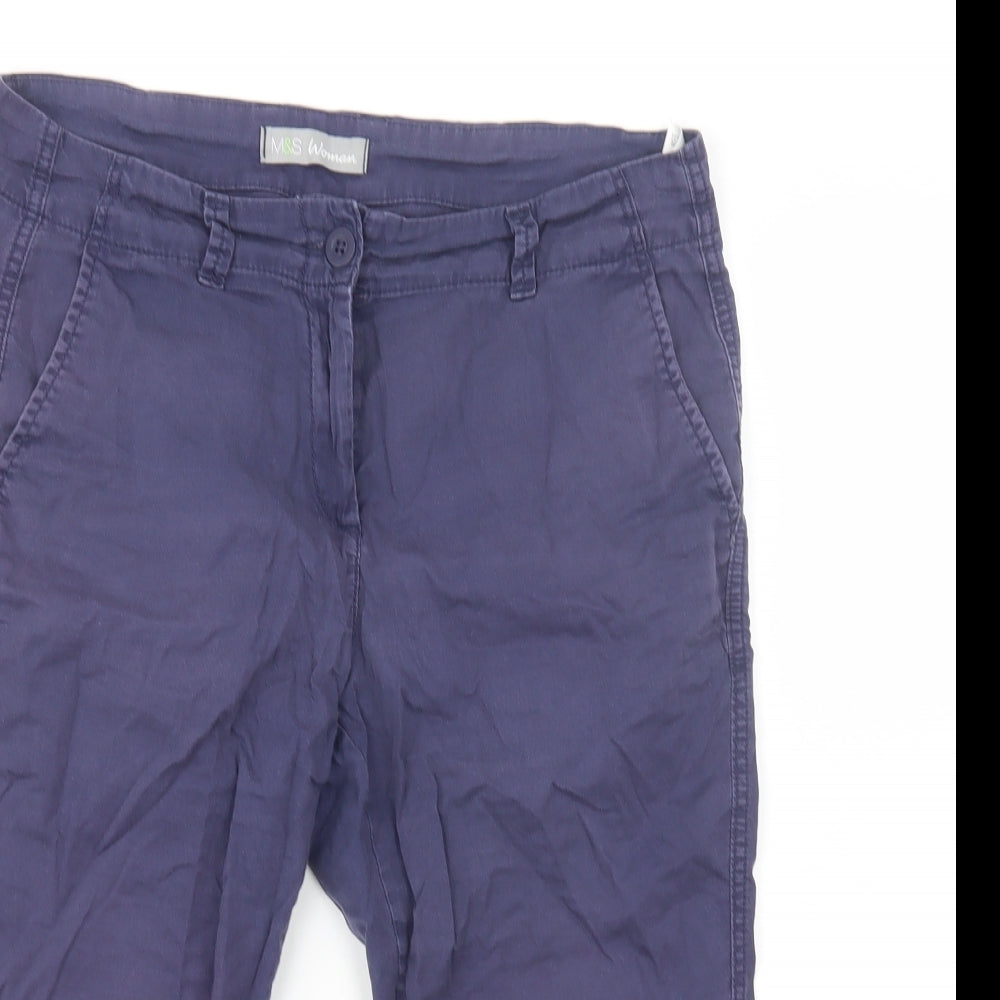 Marks and Spencer Womens Blue  Cotton Cropped Trousers Size 10 L20 in Regular Button