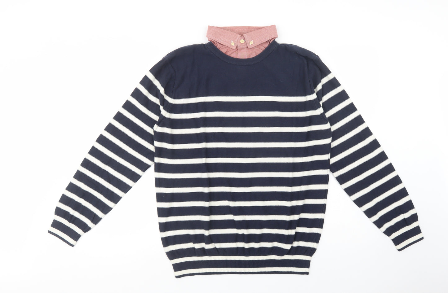 NEXT Mens Blue Collared Striped Cotton Pullover Jumper Size L