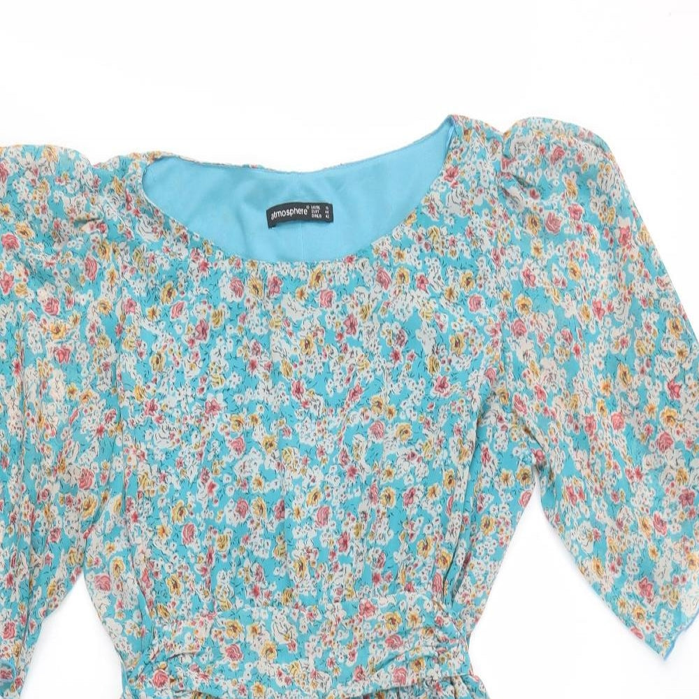 Atmosphere Womens Blue Floral Polyester Fit & Flare  Size 16  Boat Neck Pullover