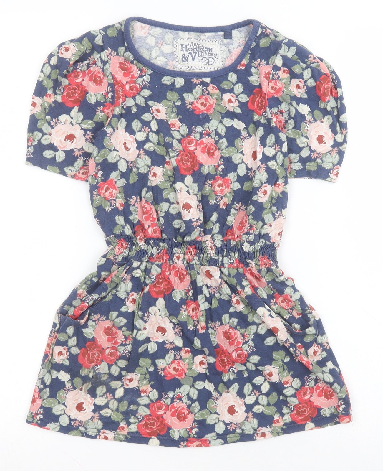 NEXT Girls Blue Floral 100% Cotton T-Shirt Dress  Size 7 Years  Round Neck