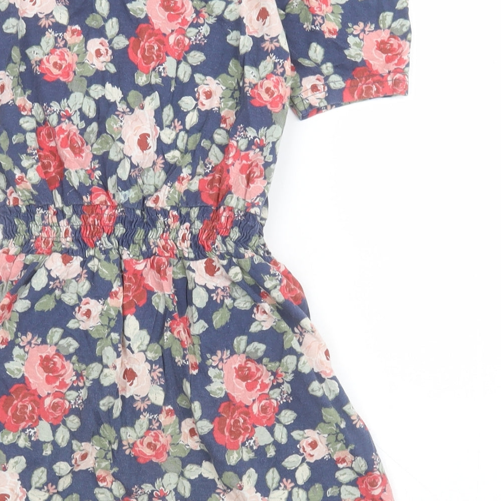 NEXT Girls Blue Floral 100% Cotton T-Shirt Dress  Size 7 Years  Round Neck