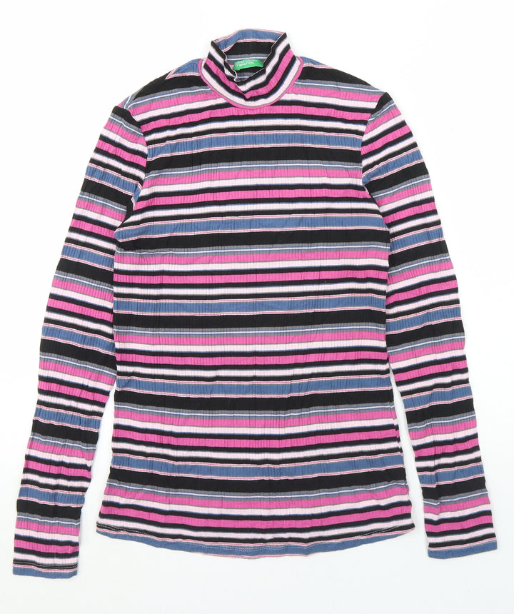 United Colors of Benetton Womens Multicoloured Striped Viscose Basic T-Shirt One Size High Neck
