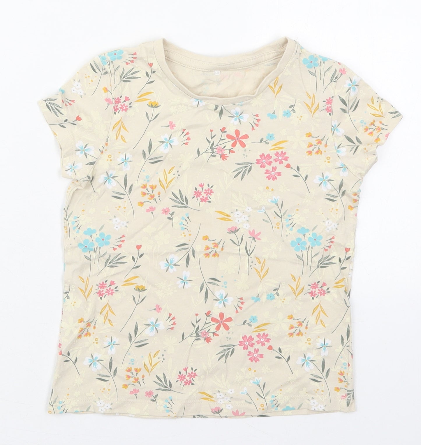 George Girls Beige Floral Cotton Basic T-Shirt Size 6-7 Years Crew Neck Pullover