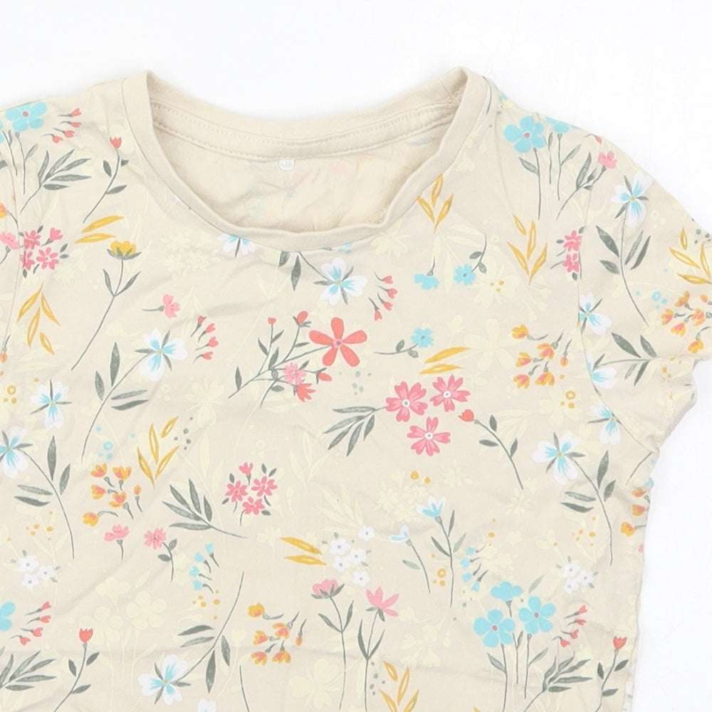George Girls Beige Floral Cotton Basic T-Shirt Size 6-7 Years Crew Neck Pullover