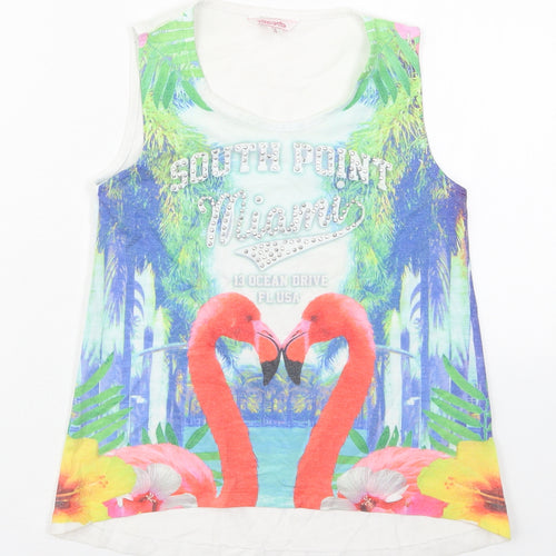 Evie Girls White  Polyester Basic Tank Size 7-8 Years Round Neck Pullover - South Point Miami Flamingo
