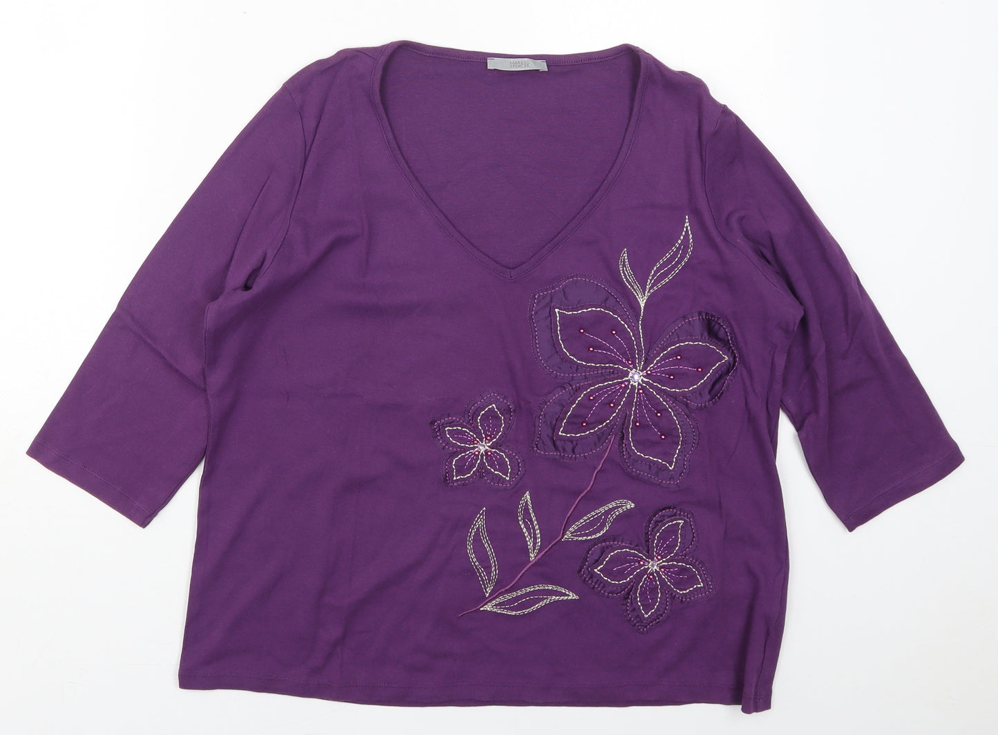 Marks and Spencer Womens Purple Floral Cotton Basic T-Shirt Size 18 V-Neck