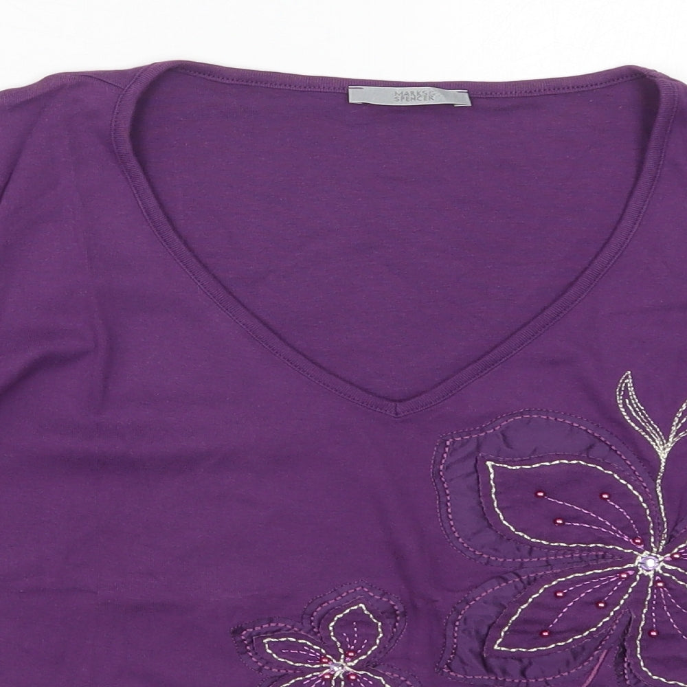 Marks and Spencer Womens Purple Floral Cotton Basic T-Shirt Size 18 V-Neck