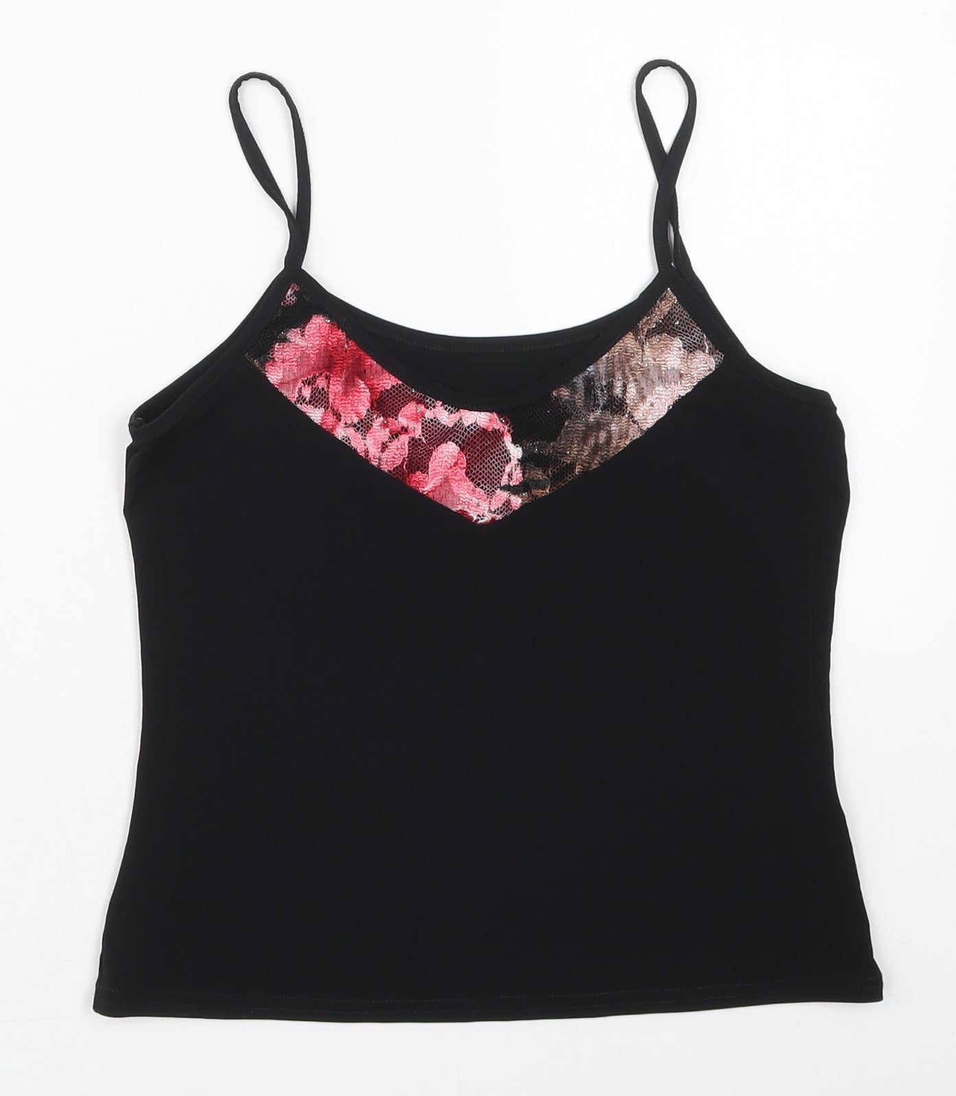 Preworn Womens Black Floral Polyester Basic Tank Size 10 V-Neck