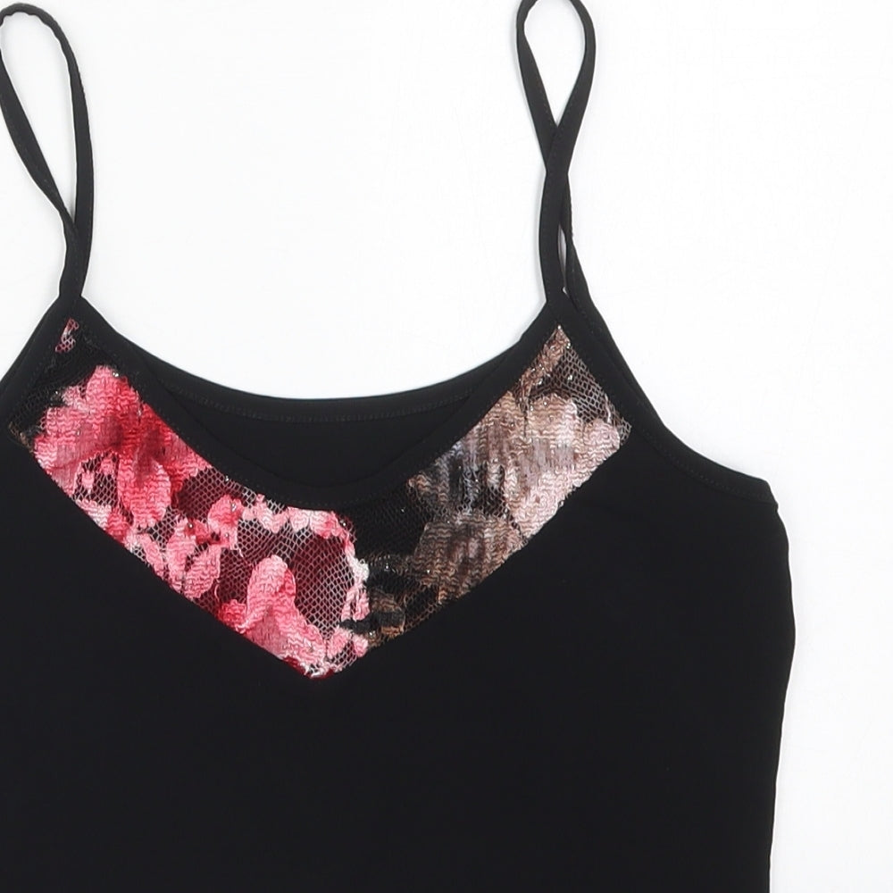 Preworn Womens Black Floral Polyester Basic Tank Size 10 V-Neck