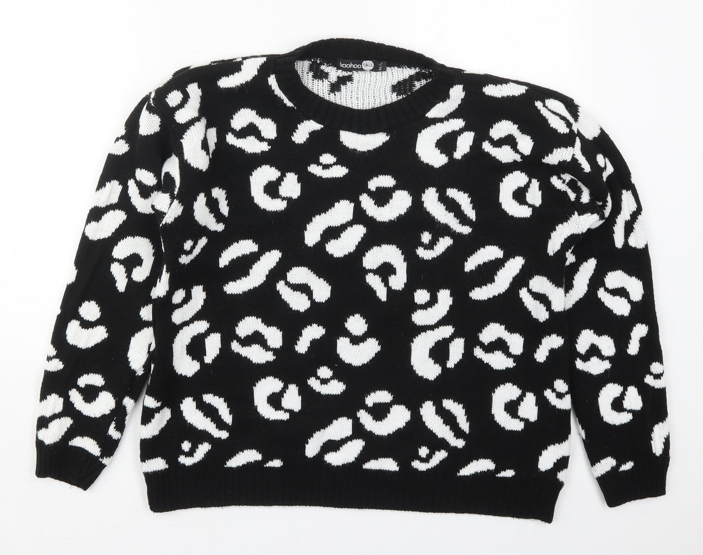 Boohoo Womens Black Crew Neck Animal Print Acrylic Pullover Jumper Size M