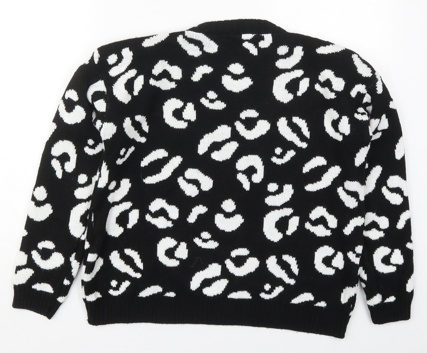 Boohoo Womens Black Crew Neck Animal Print Acrylic Pullover Jumper Size M
