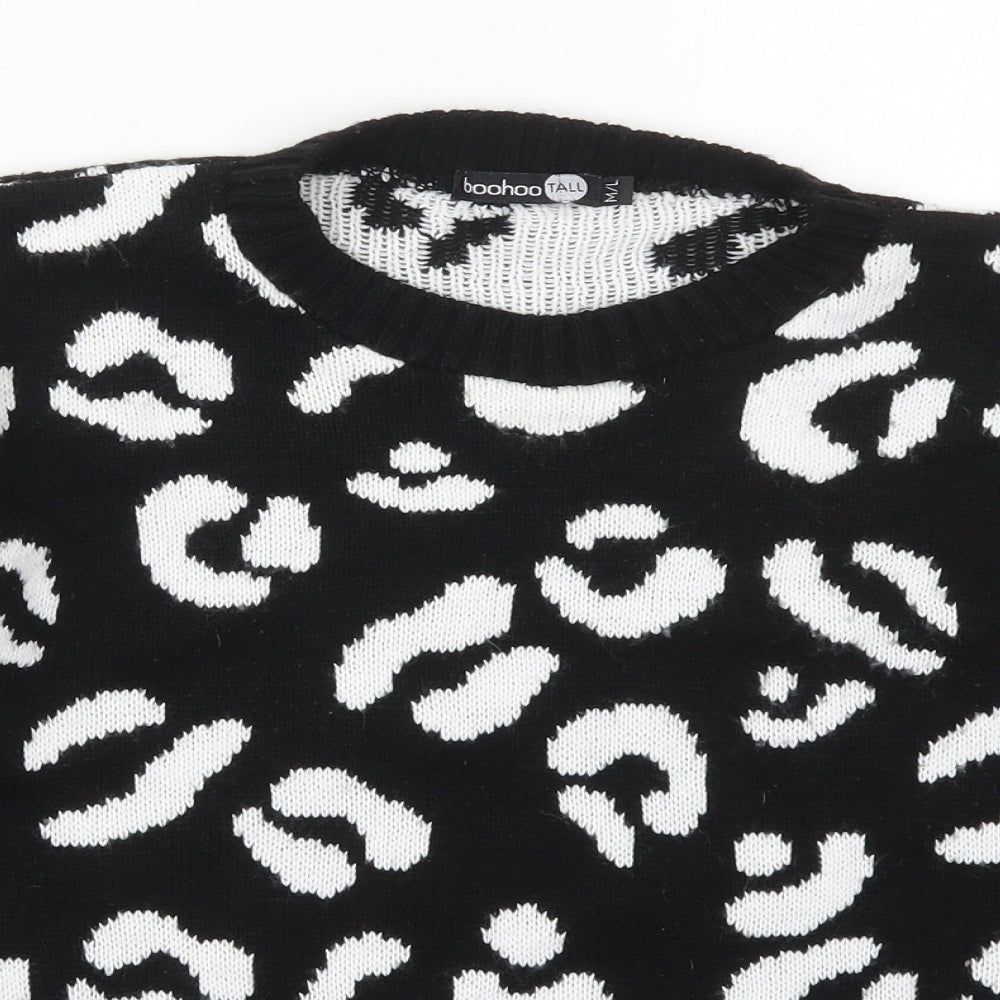 Boohoo Womens Black Crew Neck Animal Print Acrylic Pullover Jumper Size M