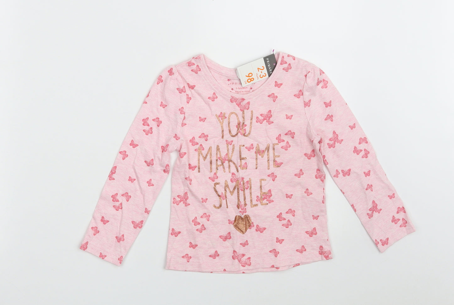 Primark Girls Pink Animal Print Cotton Pullover T-Shirt Size 2-3 Years Round Neck  - You make me SMILE