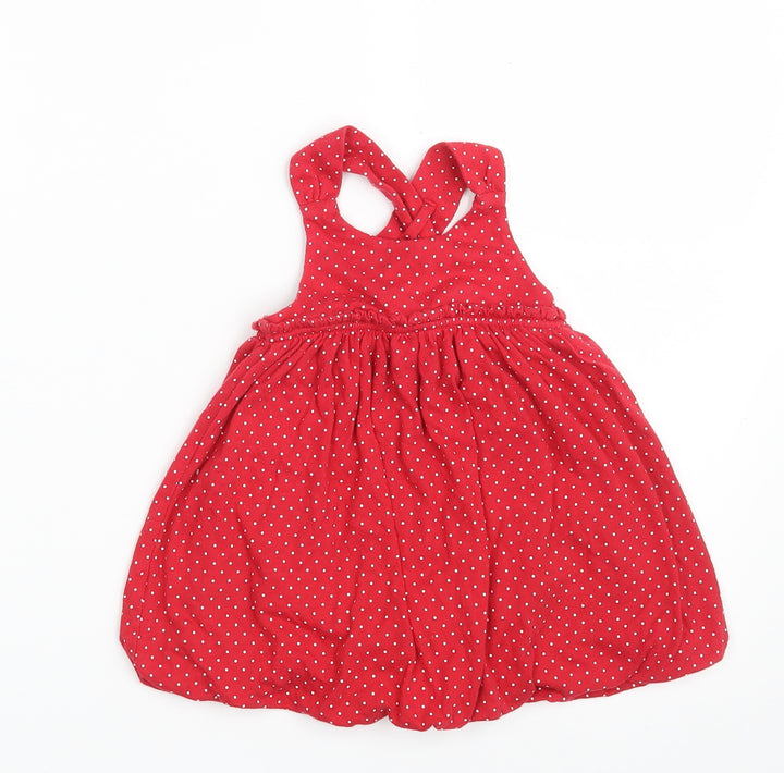 Gap Girls Red Polka Dot Cotton Pinafore/Dungaree Dress Size 9-12 Months Round Neck