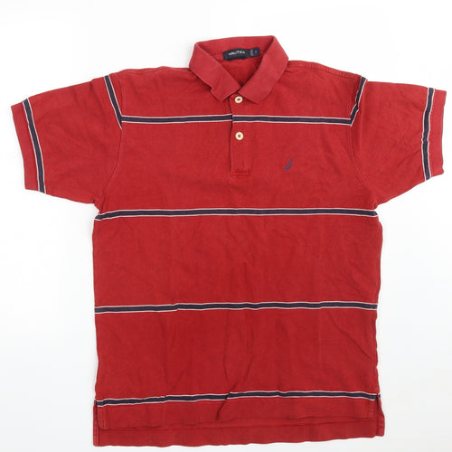 Nautica Mens Red Striped 100% Cotton  Polo Size S Collared Button