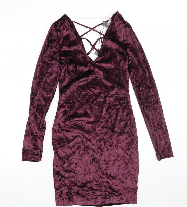 Primark Womens Purple Polyester Bodycon Size 8 V-Neck Drawstring