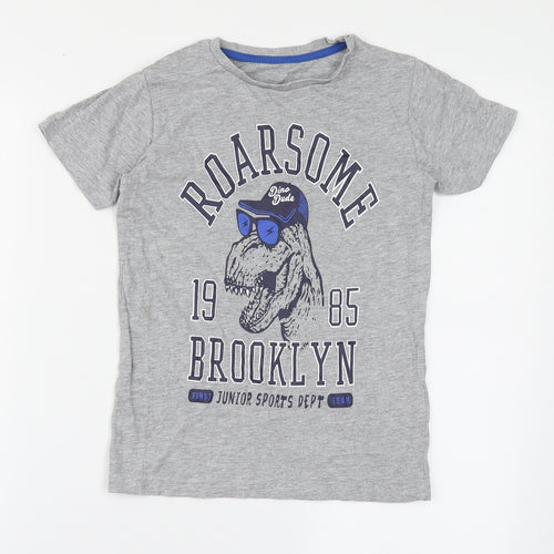 Dunnes Stores Boys Grey  Cotton Basic T-Shirt Size 8 Years Round Neck Pullover - Roarsome, Dinosaur