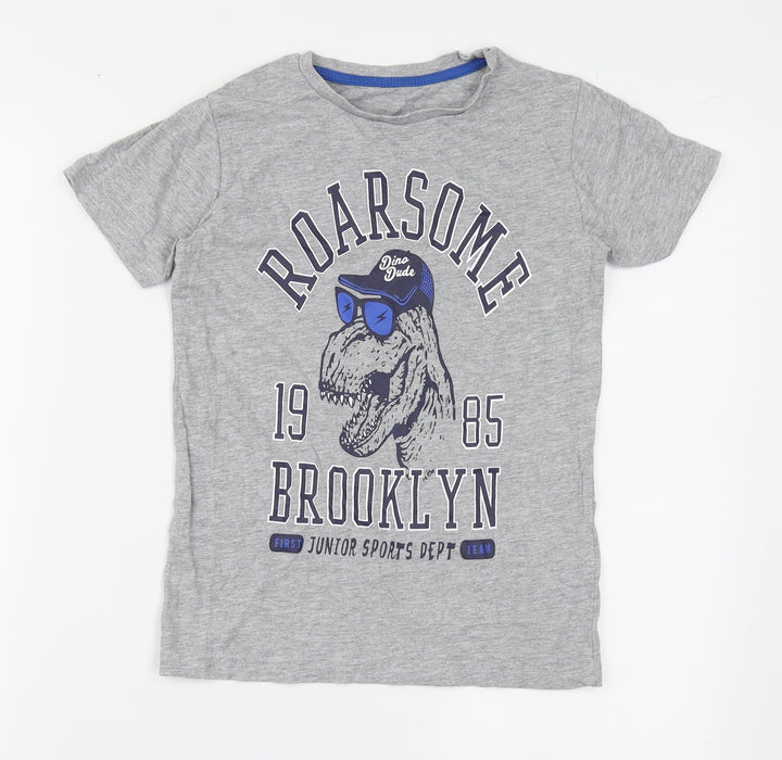 Dunnes Stores Boys Grey Cotton Basic T-Shirt Size 8 Years Round Neck Pullover - Roarsome, Dinosaur